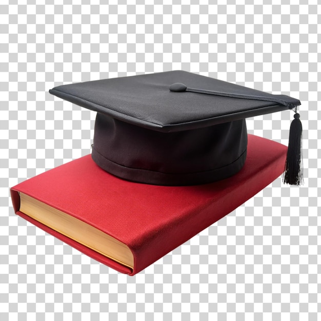 PSD Красная книга на черной адвокатской шапочке, изолированной на прозрачном фоне