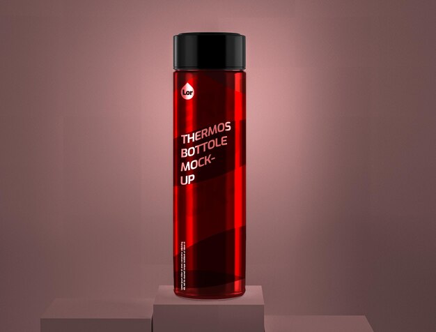 A red bottle of thermos bottle is on a pedestal.