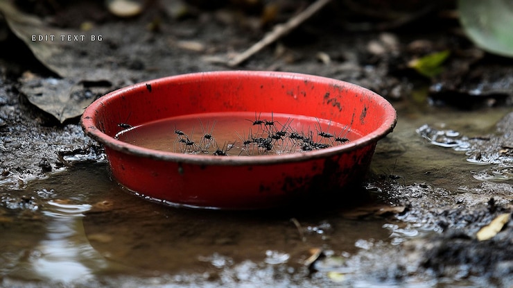 PSD red bowl of water with many small insects on muddy ground