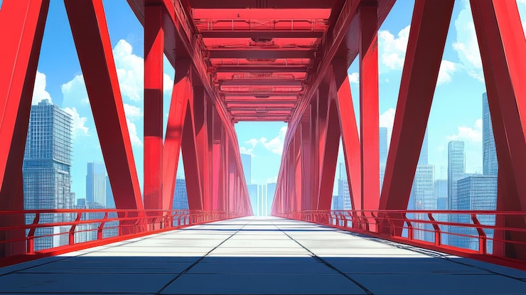 PSD red bridge structure with city skyline background