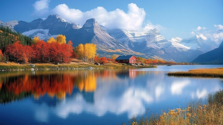 PSD a red cabin sits on the shore of a still lake reflecting the colorful autumn foliage and snow capped mountains