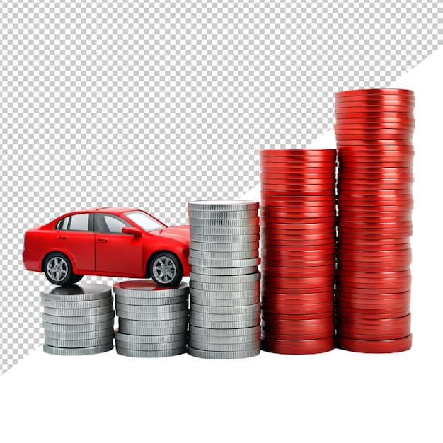 Red car over the stack of increasing coins against transparent background