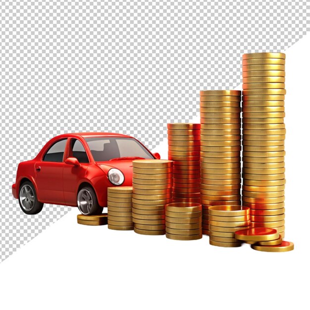 PSD red car over the stack of increasing coins against transparent background