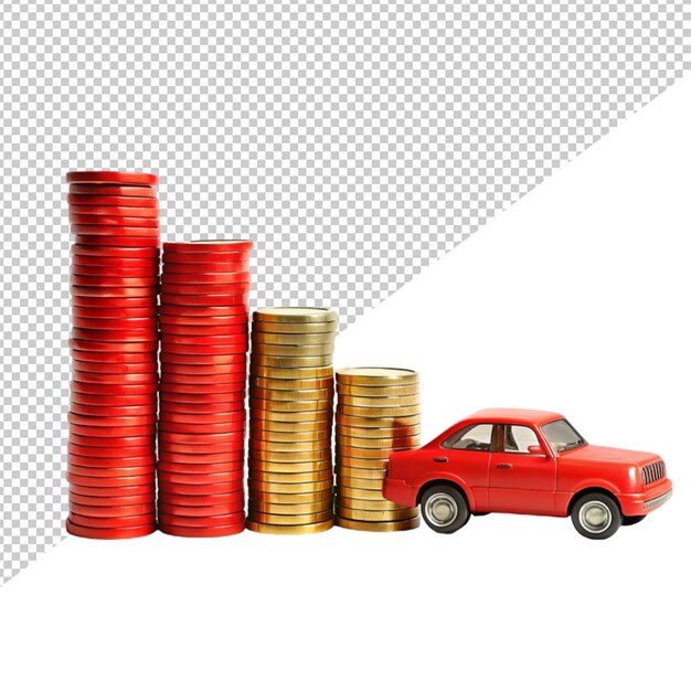 Red car over the stack of increasing coins against transparent background