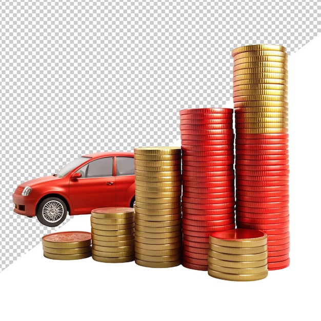 Red car over the stack of increasing coins against transparent background