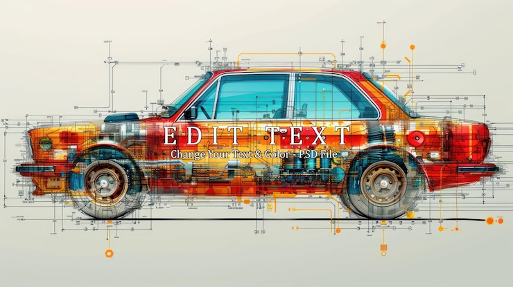 PSD a red car with an abstract design of circuitry and lines