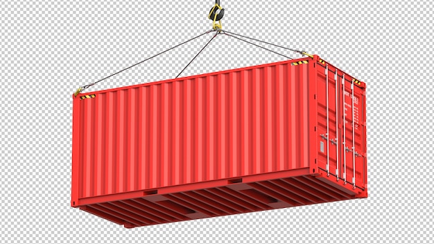 Red cargo container hanging on a crane hook