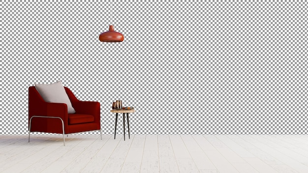 a red chair and a table in a room