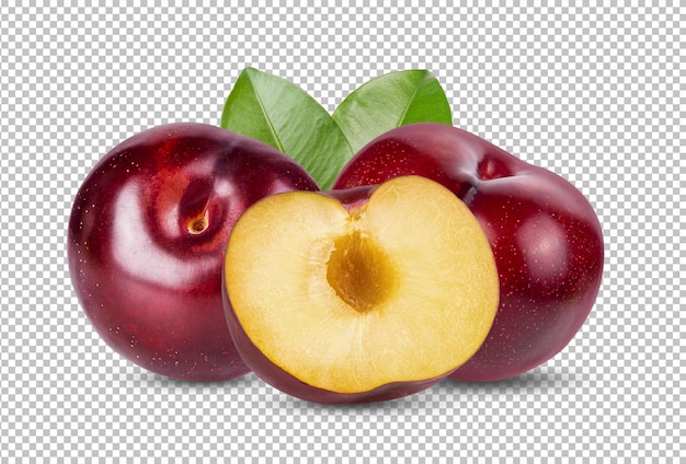 Red cherry plum with leaf isolated on alpha layer