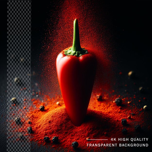 Red chili with chili powder on transparent background