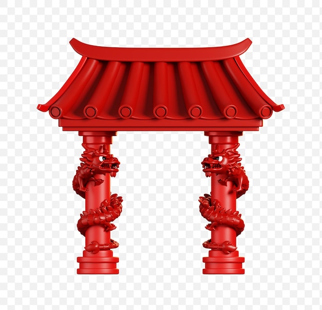 Red chinese gate with dragon pole chinese new year elements icon 3d rendering