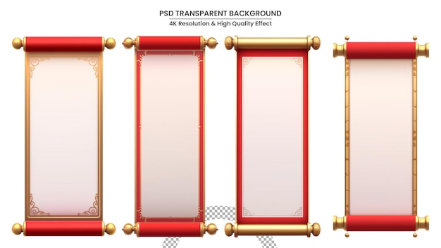 Red chinese scroll with gold handles on white background 3d render