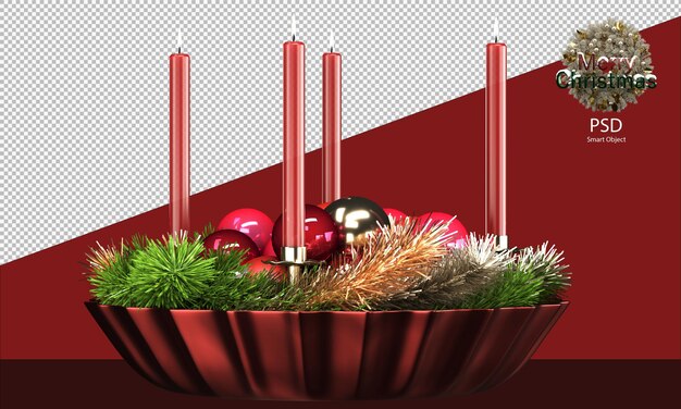 PSD red christmas bowl full of shiny ornaments tinsel and candles