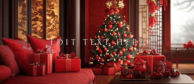 PSD red christmas gifts and tree in asianstyle room