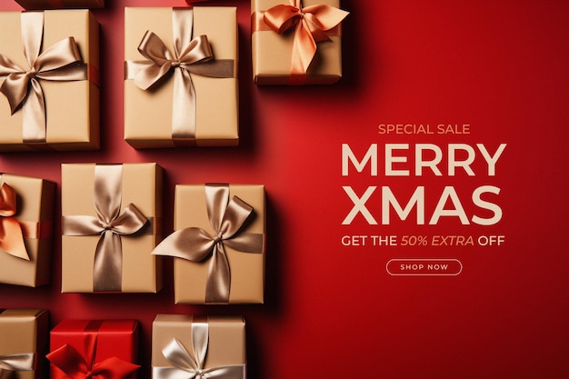 PSD red christmas sale banner template with christmas presents and decorations