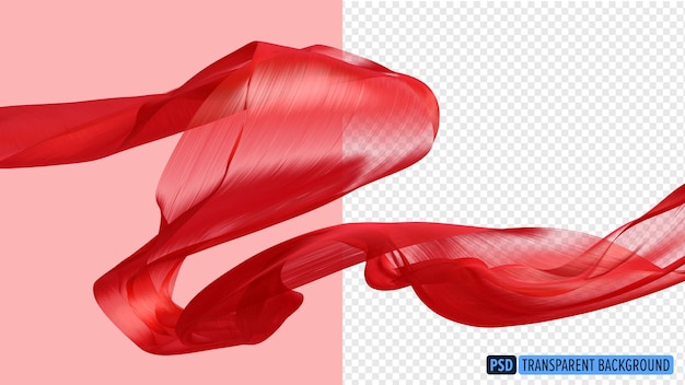 Красная ткань, летящая по ветру, изолирована на прозрачном фоне 3D-рендера
