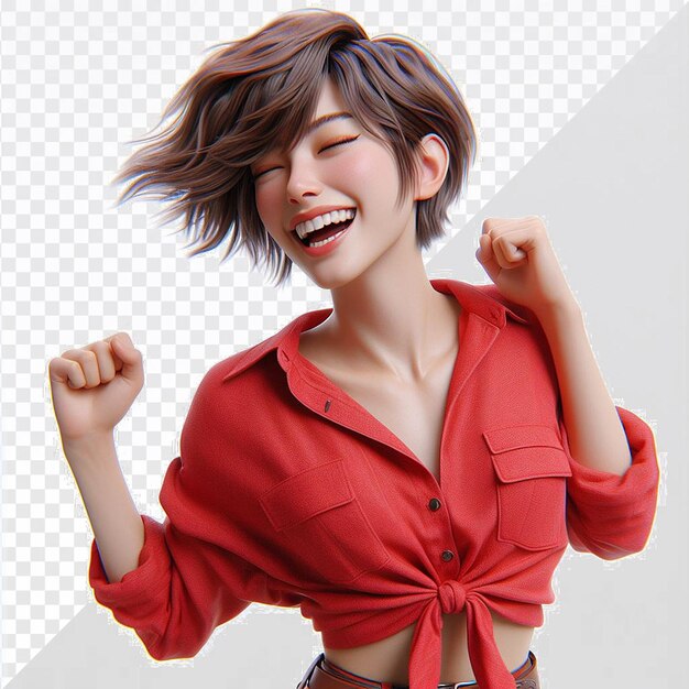 PSD red clothed oriental woman model dancing shaking laughing isolated transparent background face png