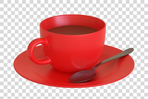 Red coffee cup saucer and spoon isolated on a white background 3D Render Illustration