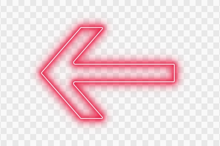 PSD red color bright light neon arrow pointer pointing left glowing effect on transparent background