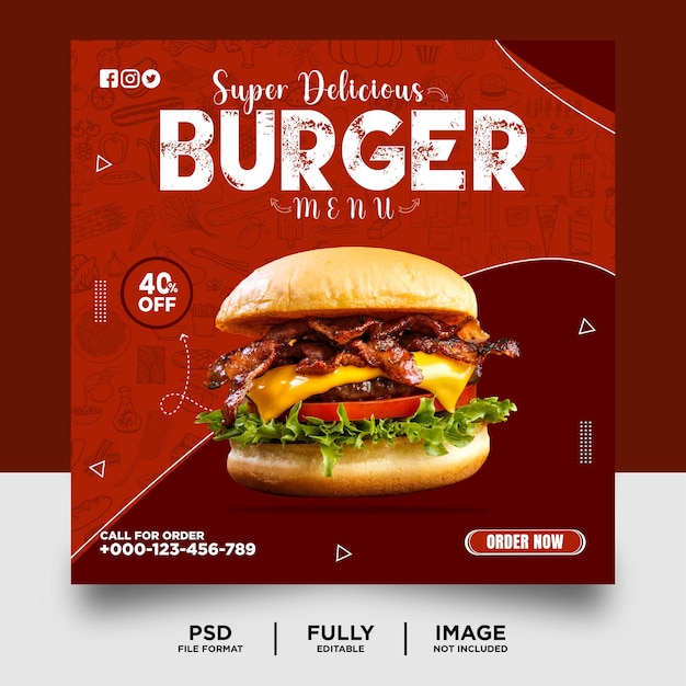 PSD red color burger voedsel social media post banner