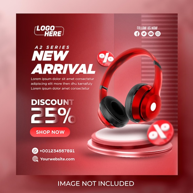 Red color headphone brand product social media post banner