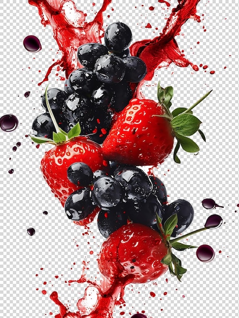 Red color splash with strawberry and black grapes