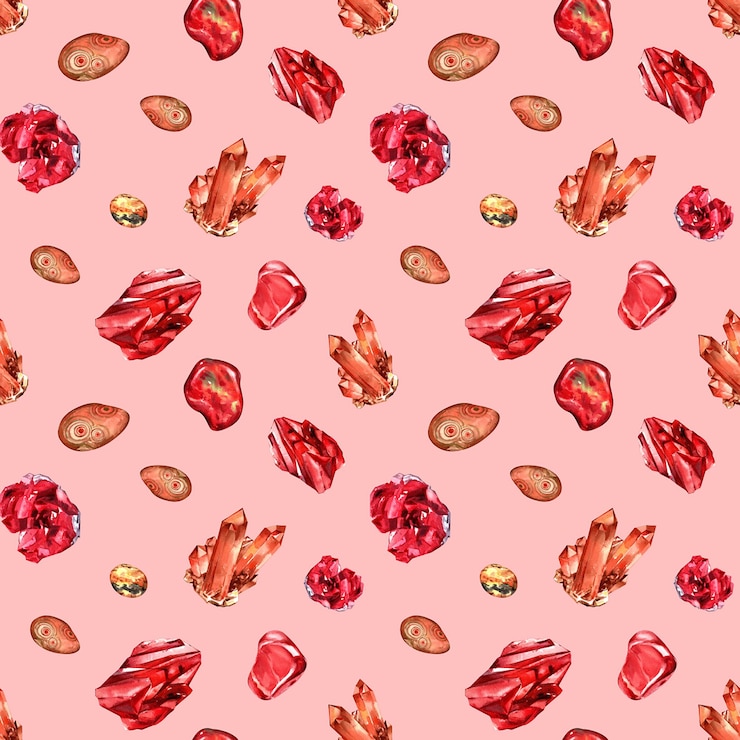 PSD red coral red jasper red phantom amethyst gemstones pattern watercolor painting hand drawn