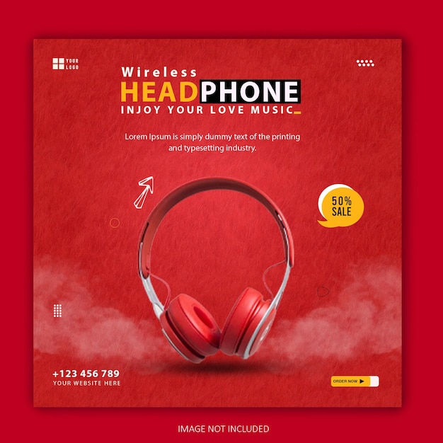 A red cover for a music ad for wireless headphone.