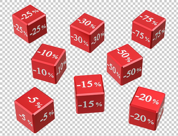 販売のための異なる割引を持つ赤い立方体透明な psd の背景に分離されたパーセンテージを持つ数字