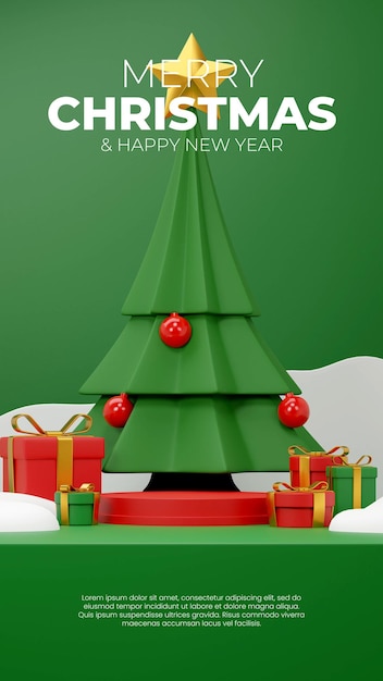 세로 크리스마스 트리 및 선물 상자 3d 렌더링 장면 모형의 빨간색 실린더 연단