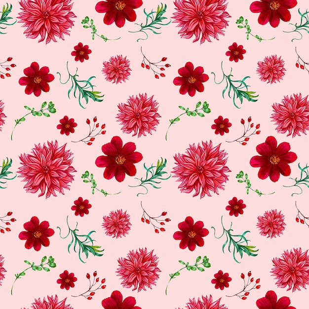 red dahlia flowercosmos flower pattern watercolor painting handdrawn