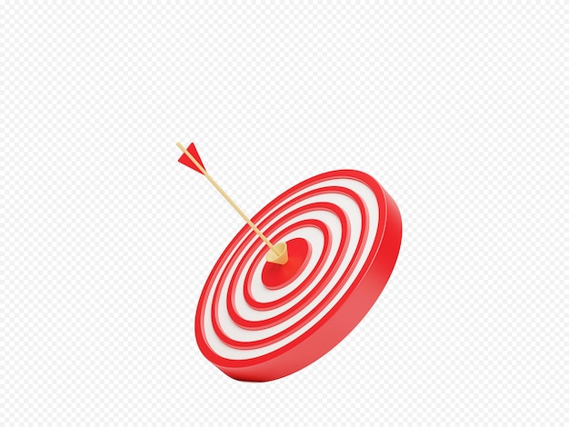 Red dart arrow hitting in the target center of dartboard 3d rendering