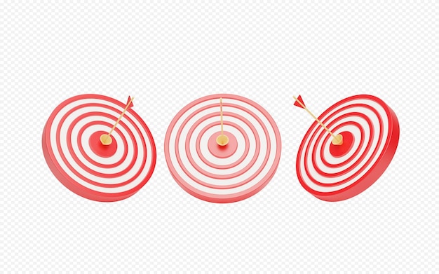 Red dart arrow hitting in the target center of dartboard 3d rendering
