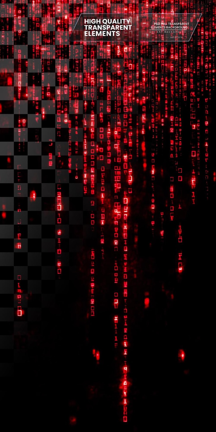 PSD red digital code on a black background in the style of technology on transparent background
