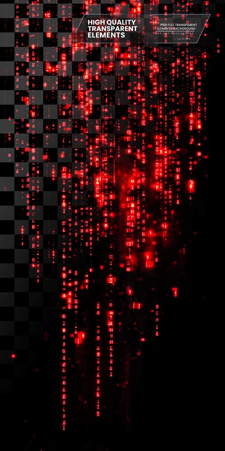 PSD red digital code on a black background in the style of technology on transparent background