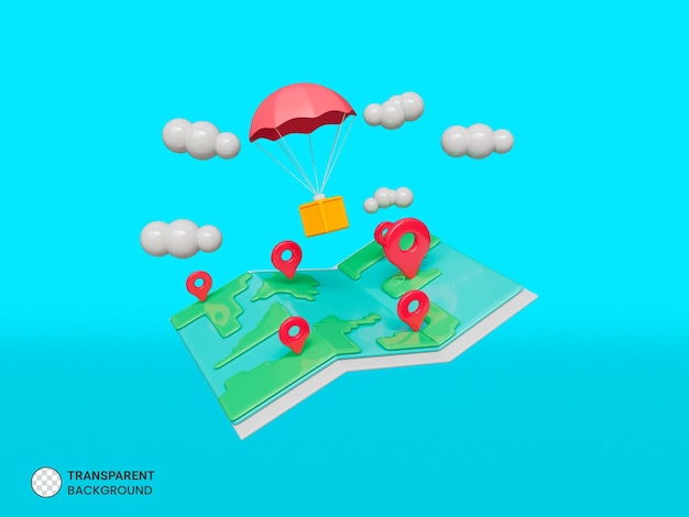 PSD red direction pointer on folded city map gps navigation and travel location 3d icon isolated