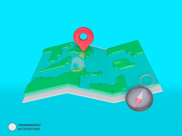 PSD 접힌된 도시 지도 gps 탐색 및 여행 위치 3d 아이콘 절연에 빨간색 방향 포인터