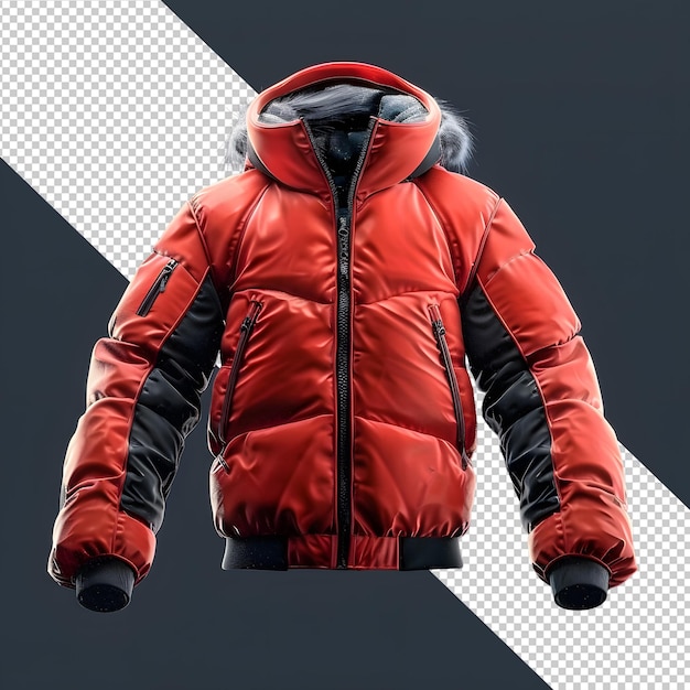 PSD red down jacket with hood isolated on white background