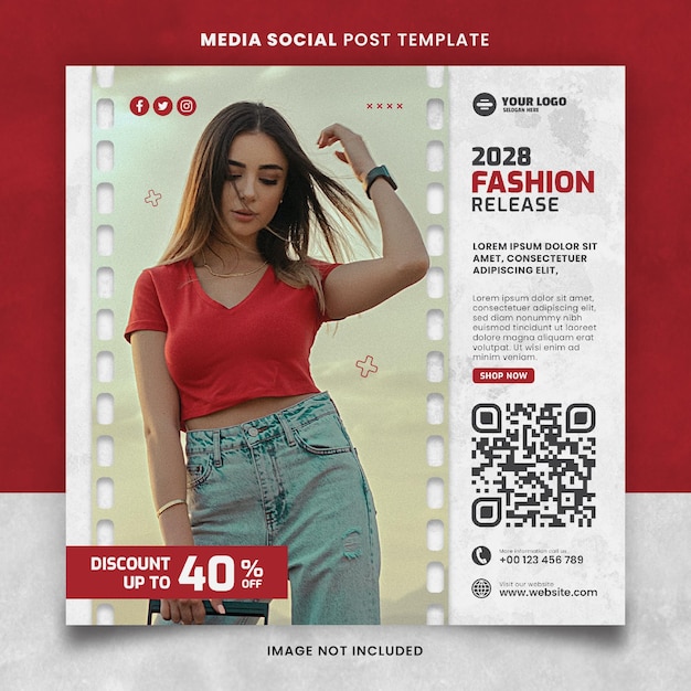 Modello di post social media modificabile per il rilascio di moda rossa