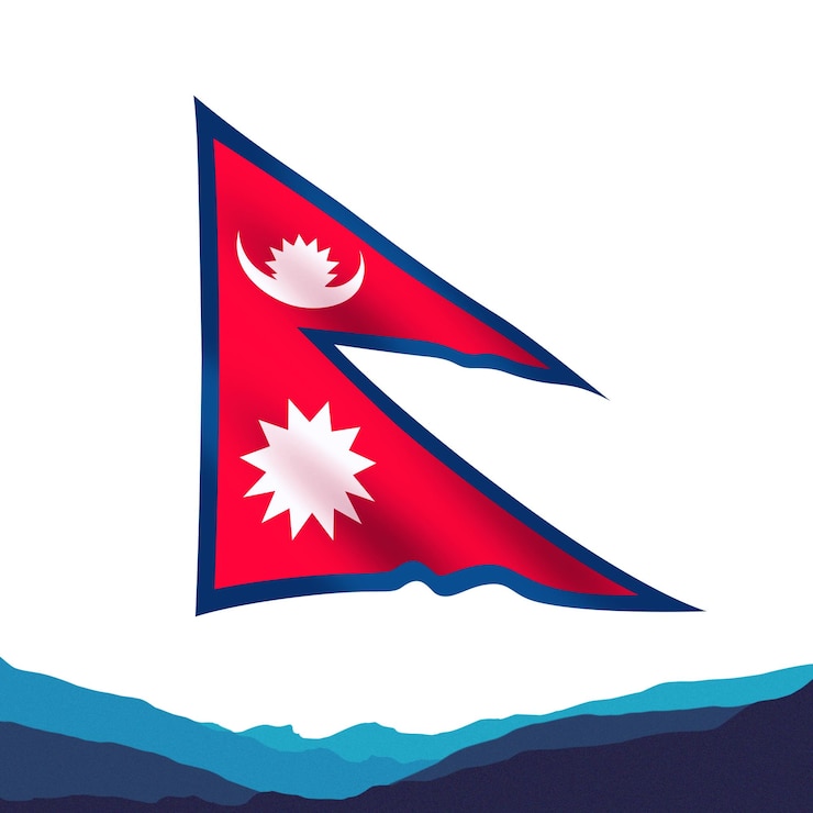 PSD a red flag with a white and black border and a picture of a mountain in the background