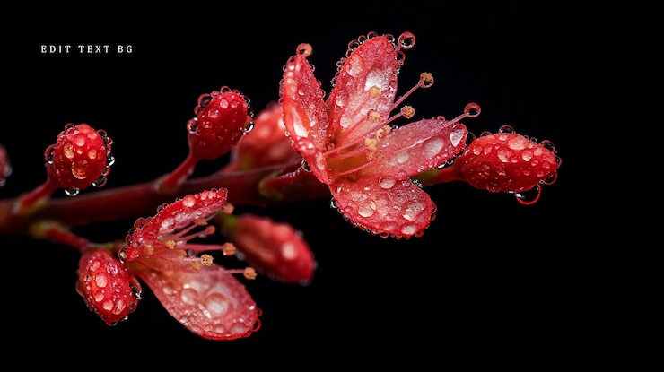 PSD red flower blossoms with water droplets on a dark background