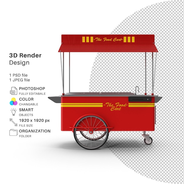 A red food cart with the word render on it