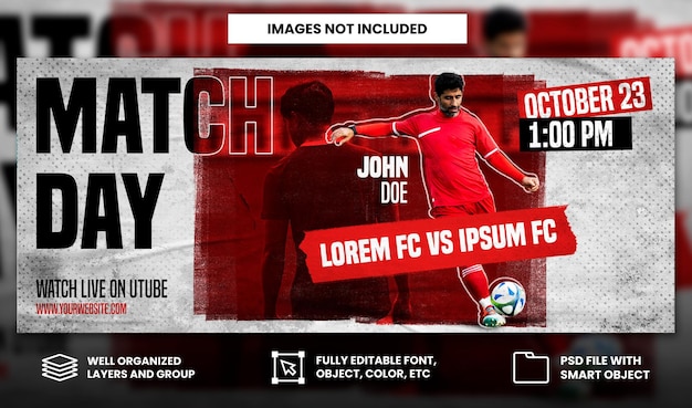 PSD red football sport match day with torn paper and grunge effect social media facebook banner template