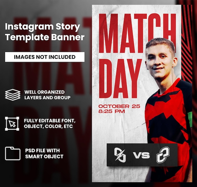 PSD red football sport match day with torn paper and grunge effect social media instagram story template