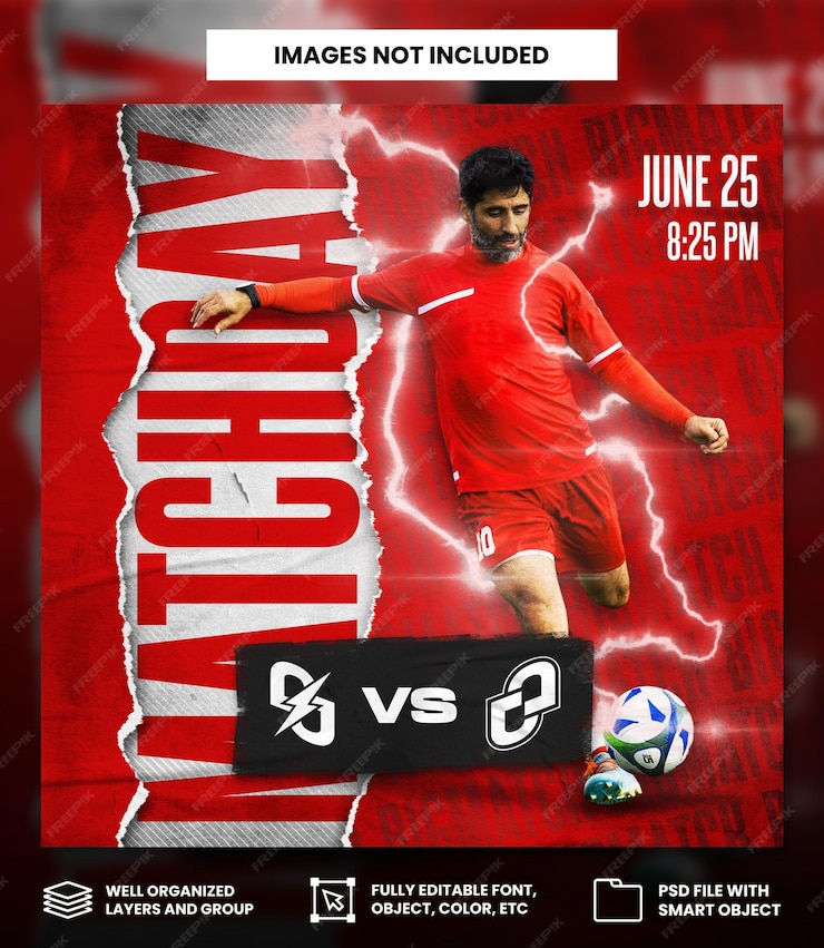  Red football sport match day with torn paper and grunge effect social media square banner template