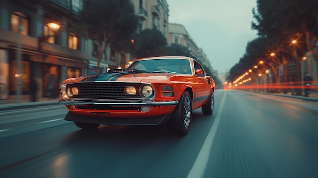 Red ford mustang 1969 racing past in the streets of spain