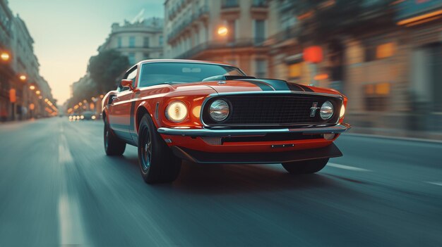 Red ford mustang 1969 racing past in the streets of spain