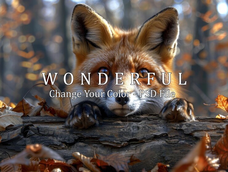 PSD red fox peeking through autumn leaves