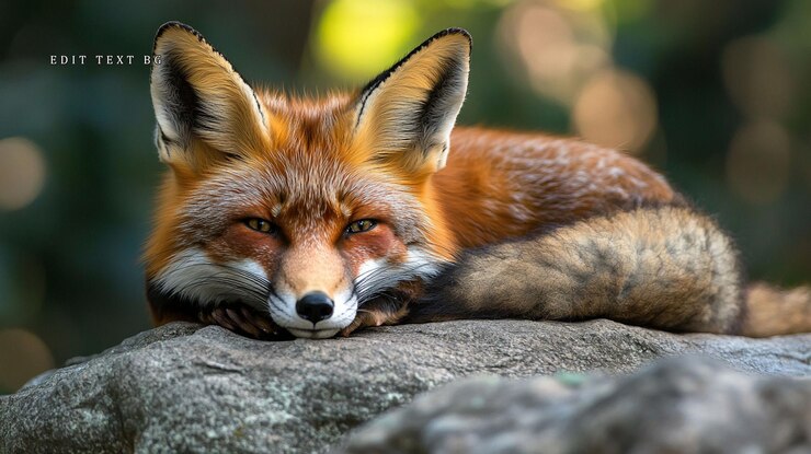 PSD red fox resting on a rock looking at the camera