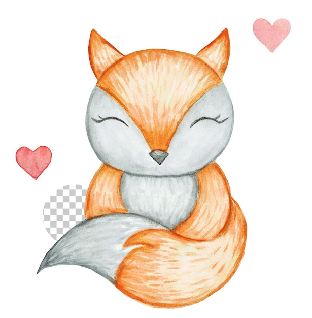 red fox on white background watercolor drawing illustration cartoon forest animal for print
